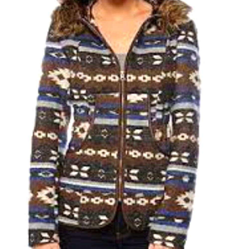 Hydraulic Aztec Print Faux Fur Hood Coat Size S